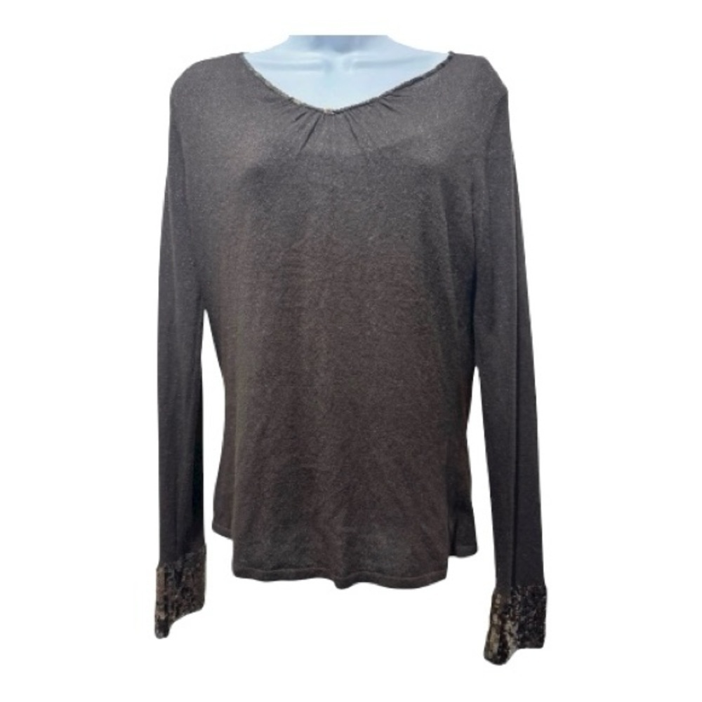 Talbots Shimmer Knit Top Sequin Cuffs & Neckline Brown Party Blouse M